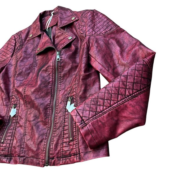 NEW Giolshon Retro Style Red Faux Leather Moto Jacket - Size Large - Picture 6 of 16